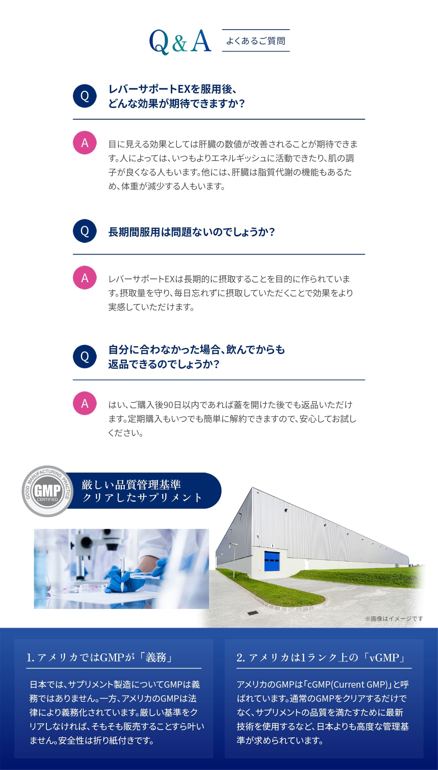 よくある質問:レバーサポートEXを服用後、どんな効果が期待できますか?目に見える効果としては肝臓の数値が改善されることが期待できます。人によっては、いつもよりエネルギッシュに活動できたり、肌の調子が良くなる人もいます。他には、肝臓は脂質代謝の機能もあるため、体重が減少する人もいます。長期間服用は問題ないのでしょうか?レバーサポートEXは長期的に摂取することを目的に作られています。摂取量を守り、毎日忘れずに摂取していただくことで効果をより実感していただけます。自分に合わなかった場合、飲んでからも返品できるのでしょうか?はい、ご購入後90日以内であれば蓋を開けた後でも返品いただけます。定期購入もいつでも簡単に解約できますので、安心してお試しください。